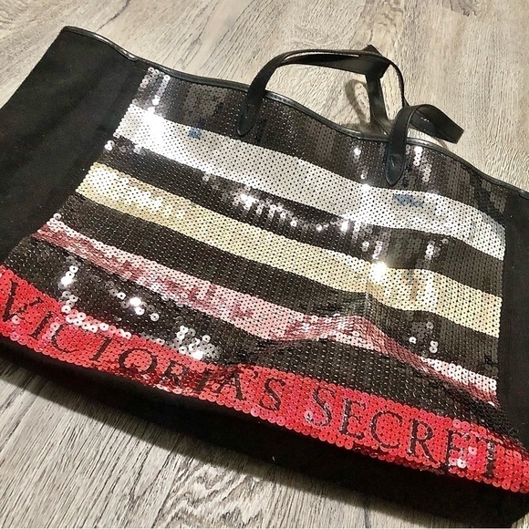 Victoria's Secret Tote Bag Bling Stripe Sequin Black Friday Limited Edition - Picture 3 of 5